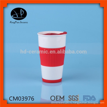 Керамическая чашка кругового путешествия с пластиковой крышкой и силиконовым рукавом, кружка для кофе с чашкой кофе с силиконовым покрытием и крышкой